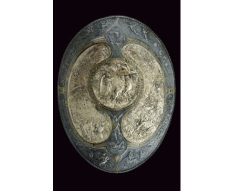 An exceptional shield depicting scenes of the Genesis dating: third quarter of the 19th Century provenance: England Elliptica