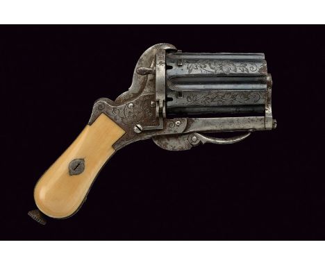 A rare cased pin-fire pepperbox dating: third quarter of the 19th Century provenance: France Group of six-shot cylinder-barre