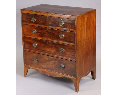 A late Georgian inlaid mahogany chest fitted two short &amp; three long graduated drawers with brass oval handles, on splay b