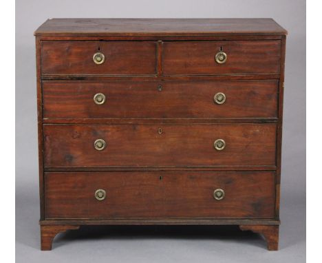 A 19th century mahogany chest fitted two short &amp; three long graduated drawers with brass ring handles, on shaped bracket 
