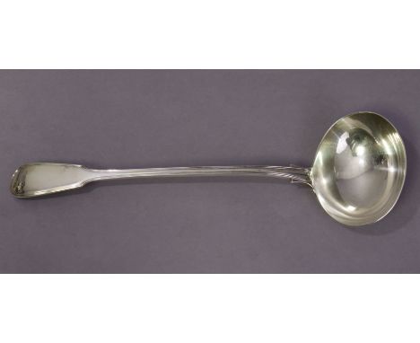 An early Victorian silver Fiddle-&amp;-Thread pattern soup ladle with oval bowl, 34.5cm long; London 1841, by William Eaton, 