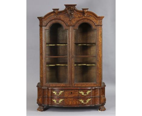 An antique table-top display cabinet in the 19th century Dutch style, veneered in walnut &amp; amboyna, enclosed by glazed do