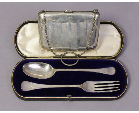 A Victorian silver Hanoverian rat-tail christening spoon &amp; fork, London 1895 by Maxfield &amp; Sons, in fitted case; &amp