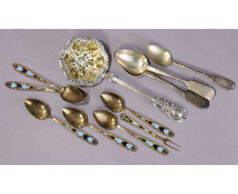 Six mid-20th century Russian silver-gilt (.875 standard) &amp; enamel coffee spoons; a similar small two-prong fork; an .84 s