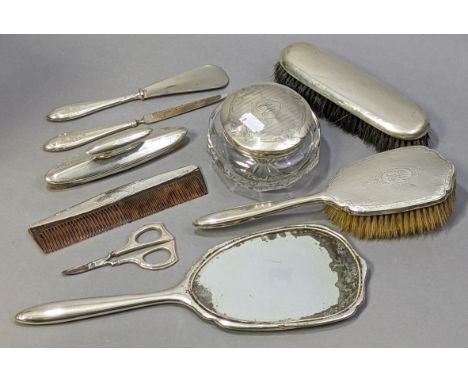 A silver-mounted hand mirror &amp; hairbrush with engine-turned &amp; engraved decoration; a similar nail buffer, shoehorn, c