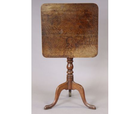 A Georgian oak tripod table with rectangular tilt-top, on turned centre column &amp; three cabriole legs with pad feet, 54.5c