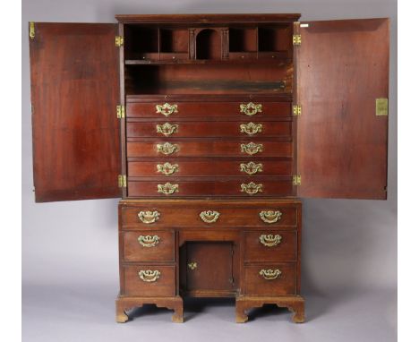 A GEORGE II RED-WALNUT SMALL DATED COLLECTORS CABINET, the upper section inlaid in brass to the top surface “AP:21:1756”, fit