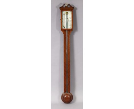 A George III style mahogany stick barometer, with thermometer &amp; vernier, broken-arch pediment, 99cm high.