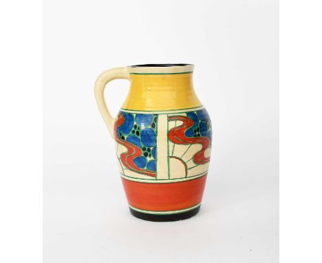 'Sunrise' a Clarice Cliff Fantasque Bizarre single-handled Lotus jug, painted in colours between yellow, red and black bands,