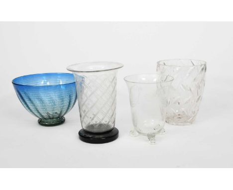 An etched glass vase in the manner Rodrigo Moynihan, flaring form on three applied feet, etched with a simple waving leaf des