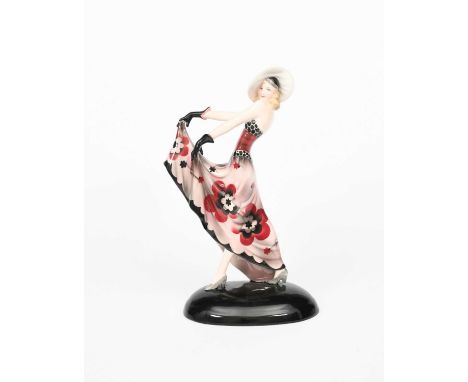 A Goldscheider Pottery model a woman designed by Stephan Dakon, model no.6606, modelled standing holding the hem of her flora