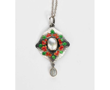 A Murrle Bennett silver and enamel pendant necklace, diamond shaped, enamelled with red and green panels, applied central mot