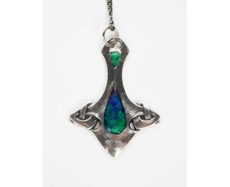 A Liberty silver and enamel pendant necklace designed by Archibald Knox, made by William H. Haseler, cast in low relief with 