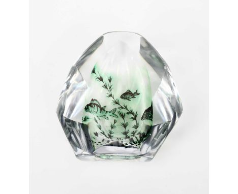 An Orrefors faceted glass Graal dish designed by Edward Hald, faceted glass internally decorated with fish and water weed in 