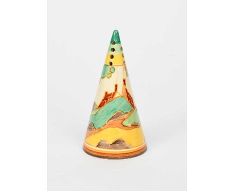 'Secrets' a Clarice Cliff Fantasque Bizarre Conical sugar sifter, painted in colours printed factory marks, 14cm. high Proven