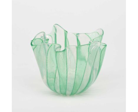 A Venini glass Handkerchief vase, internally decorated with columns of green and white latticino columns, acid etched Venini 