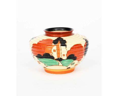 'Farmhouse' a Clarice Cliff Fantasque Bizarre vase, shape no.371, painted in colours printed factory marks, 11cm. high Proven