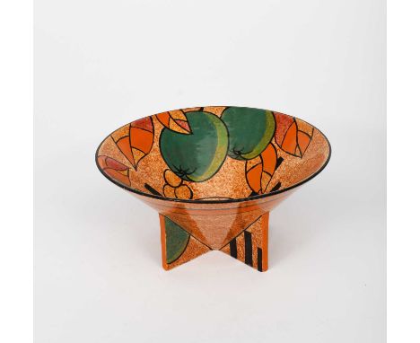 'Cafe au Lait Apples' a Clarice Cliff Bizarre Conical bowl, painted in colours on a mottled brown ground, printed factory mar