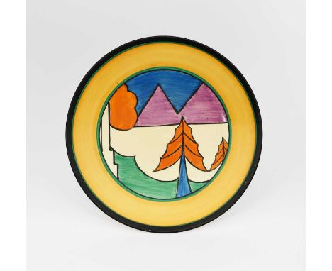 'Blue Luxor' a Clarice Cliff Bizarre plate, painted in colours inside green, black and yellow bands, printed factory marks, 2