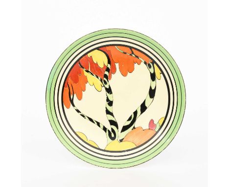 'Honolulu' a Clarice Cliff Bizarre wall plate, painted in colours inside black and green bands, printed factory marks, overpa