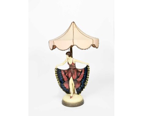A Goldscheider Pottery Butterfly Dancer lamp base probably designed by Josef Lorenzl, model no.5775, modelled as a young lady