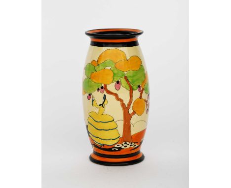 'Idyll' a Clarice Cliff Bizarre vase, shape no.264, painted in colours inside orange and black bands, printed factory marks, 