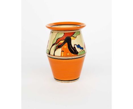 'Orange House' a Clarice Cliff Fantasque Bizarre vase, shape no. 342, painted in colours between orange and black bands, prin