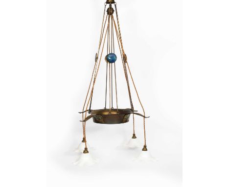 A patinated brass ceiling light attributed to The Scottish Guild of Handicraft designed by Robert MacLaurin, circular body se