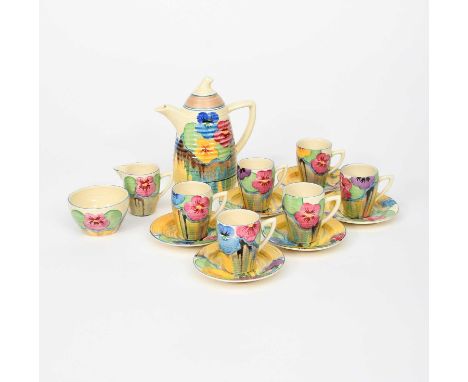 'Delecia Nasturtium' a Clarice Cliff Bizarre Lynton coffee set for six, painted in colours, comprising, coffee pot and cover,