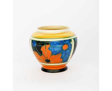 'Umbrellas' a Clarice Cliff Fantasque Bizarre vase, shouldered form, painted in colours between yellow, orange and black band
