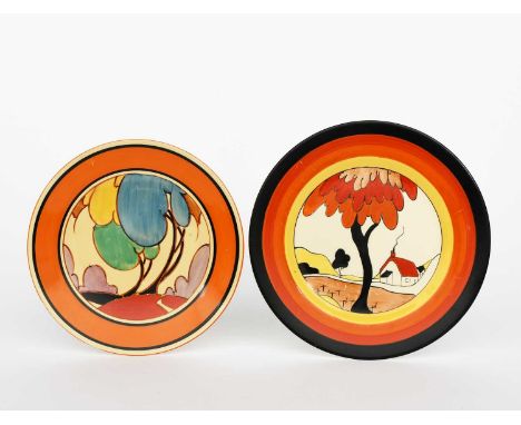 'Autumn' a Clarice Cliff Fantasque Bizarre plate, painted in colours inside orange and black bands, and a Clarice Cliff 'Hous