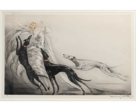 Louis Icart (1888-1950)Levriers de Course II, (Woman with Hounds),dry-point etching on paper, copyright 1929, framedsigned in