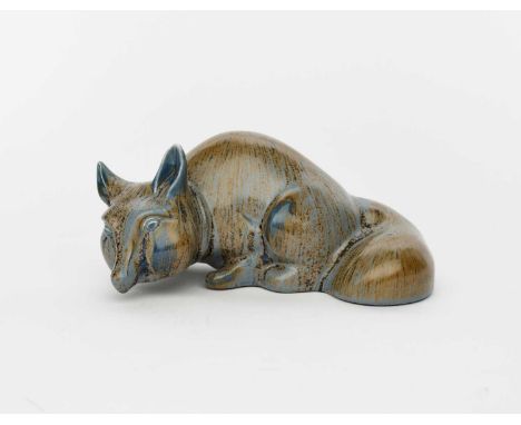 A Clarice Cliff Reynard the Fox figure, covered in a streaked blue and mushroom glaze, printed Clarice Cliff mark, incised ma
