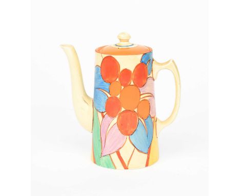 'Berries' a Clarice Cliff Bizarre Tankard coffee pot and cover, painted in colours printed factory marks, 19cm. high (2) Prov