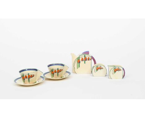 'Solomon's Seal' a Clarice Cliff Bizarre Stamford tea for two, printed and painted in colours, comprising; teapot and cover, 