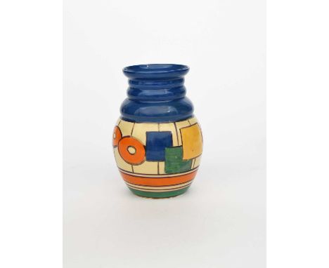 'Circles and Squares' a Clarice Cliff Fantasque Bizarre vase, shape no.358, painted in colours between orange, purple, green 