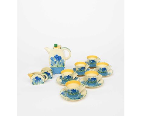 'Blue Crocus' a Clarice Cliff Bizarre Bon Jour coffee set for six, painted in colours; comprising Bon Jour coffee pot and cov