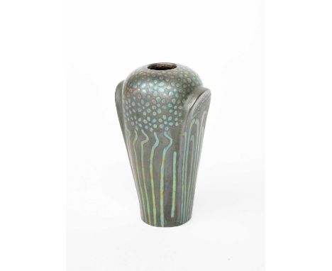 An Art Nouveau Zsolnay Pecs vase, model no.6015, shouldered form with modelled lug handles, painted with stylised grasses in 