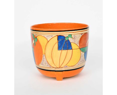 'Melon' a large Clarice Cliff Fantasque Bizarre Dover jardiniere, painted in colours between orange and black bands, printed 