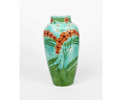A Mintons Pottery Secessionist floor vase designed by Leon Solon and John Wadsworth, model no.3573, shouldered cylindrical fo