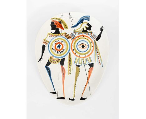 A large Vallauris Pottery plaque designed by Roger Capron, painted with two classical Greek soldiers, in colours, a small Val