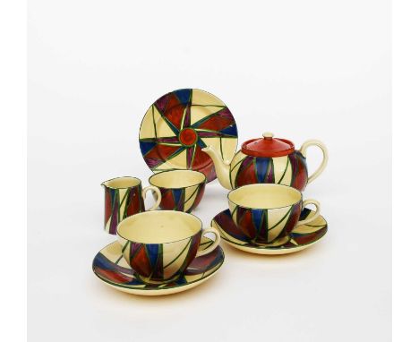 'Original Bizarre' a Clarice Cliff Bizarre Globe tea for two, painted with a band of red, purple and blue triangles, outlined