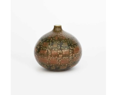 A Poole Pottery Studio vase designed by Robert Jefferson, ovoid, onion shaped with solifleur neck, glazed with columns of squ