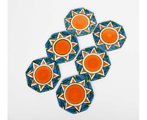 'Double V' a set of six Clarice Cliff Bizarre Octagonal sandwich plates, painted in colours, printed factory marks, chip to b