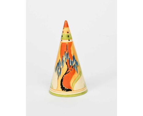 'Windbells' a Clarice Cliff Bizarre Conical sugar sifter, painted in colours between green, yellow and orange bands, printed 