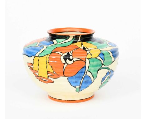 'Latona Bouquet' a Clarice Cliff vase, shape no.356, painted in colours on a Latona cream ground, printed and painted marks, 