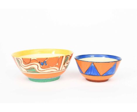 'Sunrise' a Clarice Cliff Fantasque Bizarre bowl, painted in colours between yellow and orange bands, and a Clarice Cliff Ori