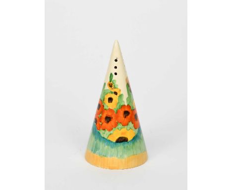 'Fragrance' a Clarice Cliff Bizarre Conical sugar sifter, painted in colours printed factory marks, 14cm. high ProvenanceThe 