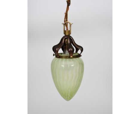 A copper and brass ceiling light in the manner of WAS Benson with James Powell vaseline glass shade, unsigned, 29cm. long Pro