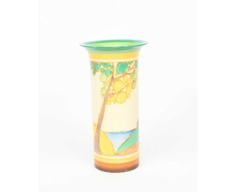 'Secrets' a Clarice Cliff Fantasque Bizarre vase, shape no.195, painted in colours between green, yellow and brown bands, pri